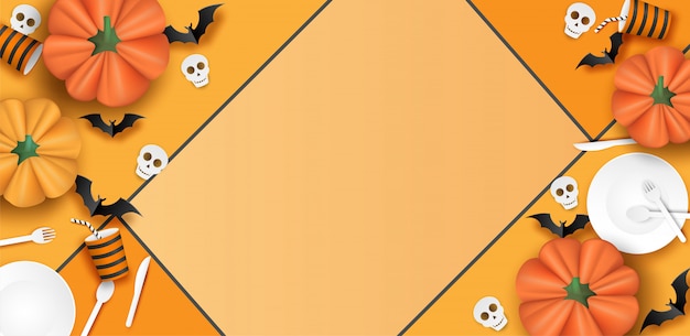 Vecteur joyeux halloween, vaisselle, chauve-souris et citrouille à l'orange