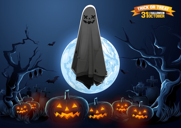 Joyeux Halloween Voeux Avec Ghost Flottant Dans L'air Et Les Citrouilles Dans La Nuit.