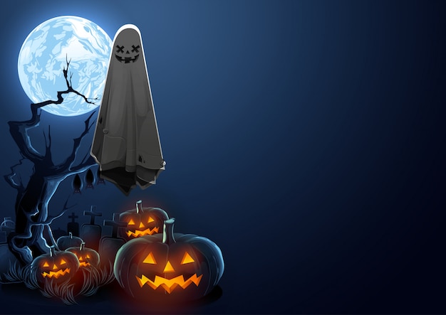 Joyeux Halloween Voeux Avec Ghost Flottant Dans L'air Et Les Citrouilles Dans La Nuit.