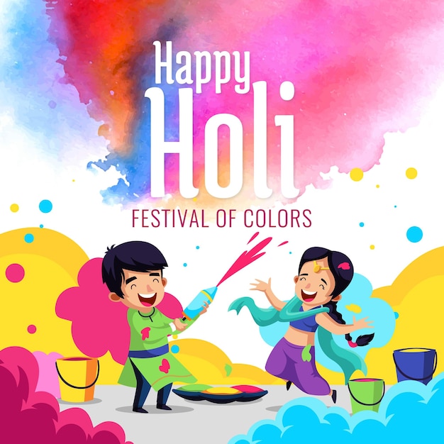 Vecteur joyeux holi illustration. enfants jouant avec les couleurs