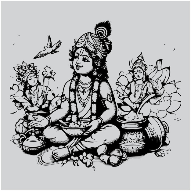 Joyeux Janmashtami félicitations avec le seigneur Krishna croquis illustration vectorielle
