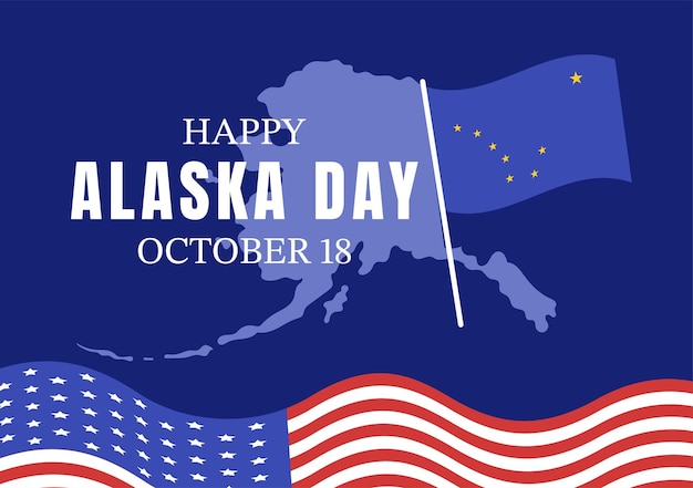 Joyeux Jour De L'alaska Le 18 Octobre Illustration De Dessin Animé Dessiné à La Main Avec Drapeau Agitant Dans Le Paysage D'hiver