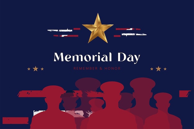 Joyeux jour du souvenir Carte de souhaits avec drapeau et silhouette de soldats Fête nationale américaine Illustration vectorielle plate EPS10