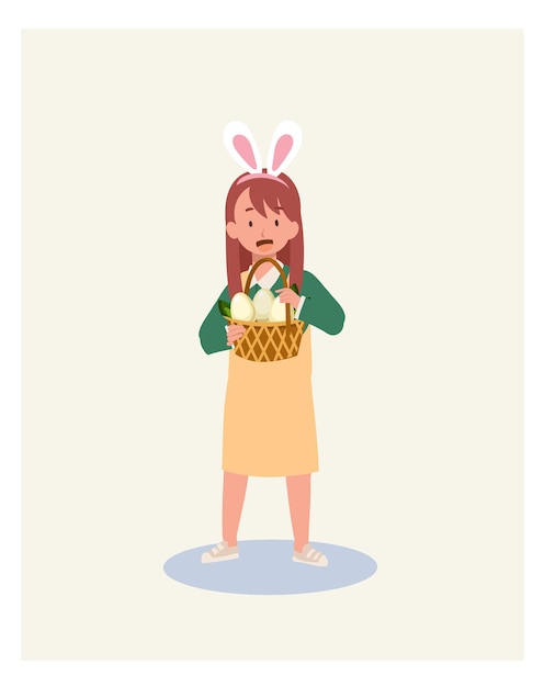 Joyeux Jour De Pâques Petite Fille Avec Des Oreilles De Lapin Montrant Entièrement Le Panier De Chasser Un œuf De Pâques Illustration Vectorielle De Style Plat