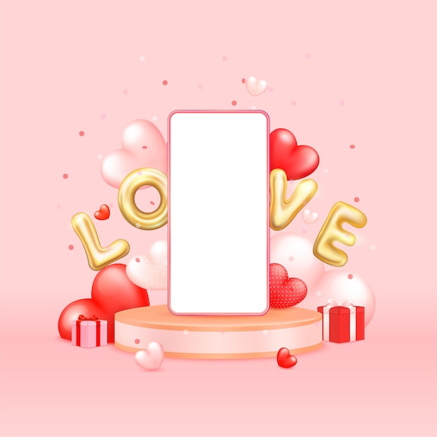 Vecteur joyeux jour de la saint-valentin smartphone écran blanc sur podium rond avec des ballons en forme de cœur rouge rose