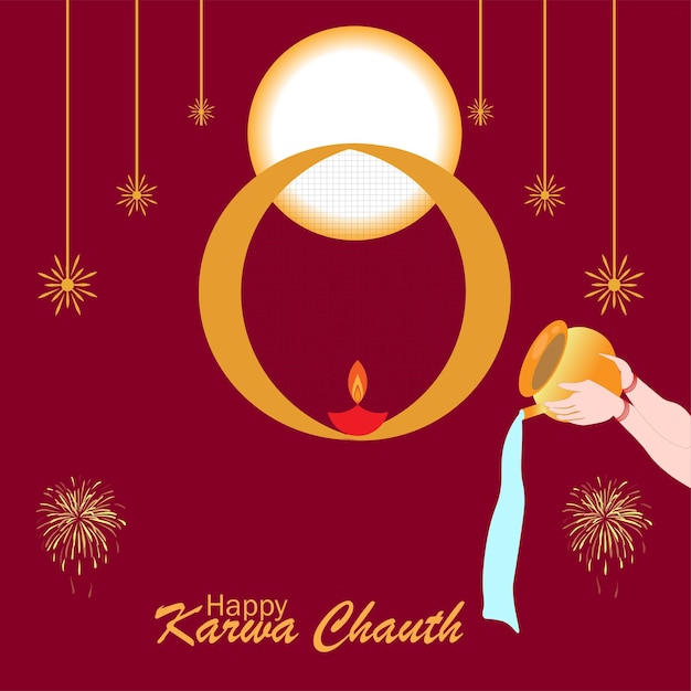 Joyeux Karwa Chauth Avec Lune Et Diya, Illustration Vectorielle.