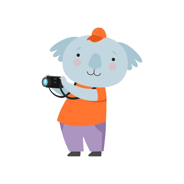 Vecteur joyeux koala touristique prenant des photos avec appareil photo personnage de dessin animé animal mignon voyageant en vacances d’été vecteur illustration isolé sur fond blanc