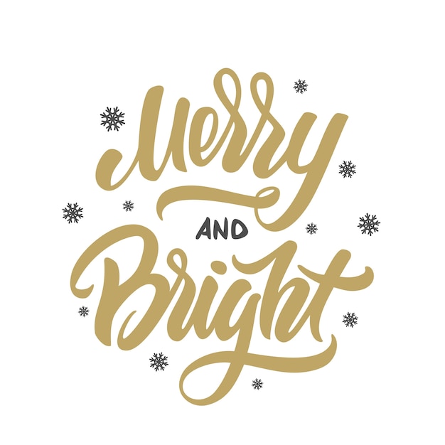 Joyeux et lumineux Noël doré élégant lettrage de brosse moderne avec des flocons de neige sur fond blanc.