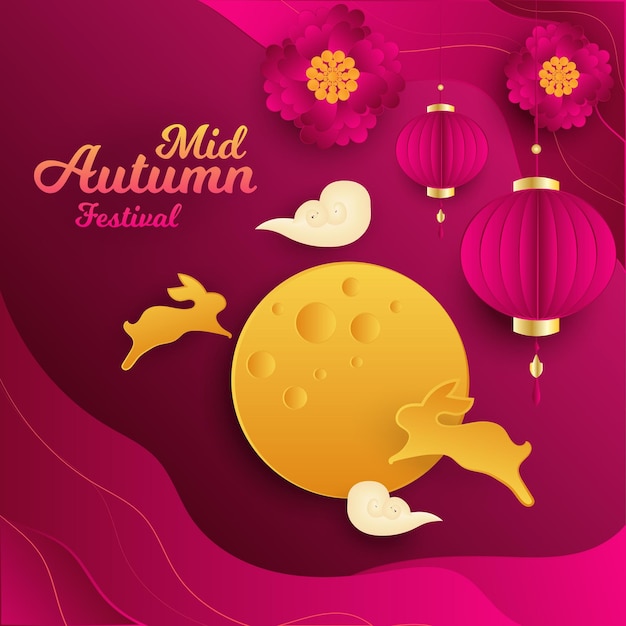 Joyeux mi automne festival chinois carte de voeux affiche conception lune nuage lampe lapin vecteur modèle bannière