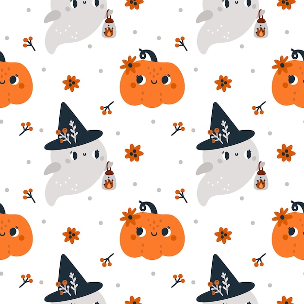 Vecteur joyeux modèle sans couture d'halloween avec des fantômes gentils et mignons en chapeau de sorcière et citrouilles