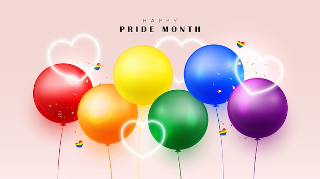 Joyeux mois de la fierté avec des ballons colorés en rouge orange jaune vert bleu violet et néon coeur