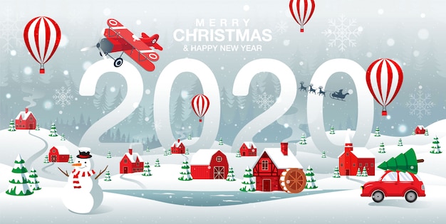 Joyeux Noël Et Bonne Année 2020 Ville Natale à Forrest Winter Background