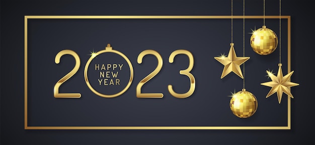 Vecteur joyeux noël et bonne année 2023 bannière étoiles suspendues, cadre et boules de paillettes dorées