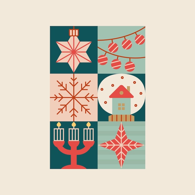 Vecteur joyeux noël et bonne année affiche de carte de voeux ensemble design géométrique de noël moderne et tendance avec boule de neige soldat claus chaussette gui