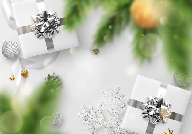 Joyeux Noel et bonne année. Bannière de Noël, affiche Web, site Web pour en-tête. Conception de vacances avec des objets décoratifs 3d réalistes. Fond de Noël festif. illustration vectorielle