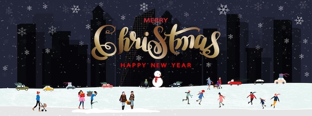 Joyeux Noël Et Bonne Année Bannière Vectorielle Paysage D'hiver En Ville Avec Des Gens Célébrant