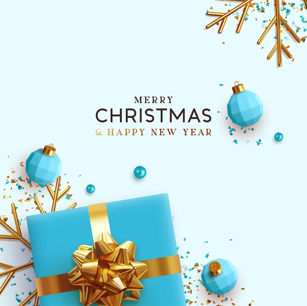 Joyeux Noel et bonne année. Boîte de cadeaux réalistes de conception de Noël de fond, objets décoratifs festifs. vue de dessus à plat. Affiche de Noël, bannière de vacances, dépliant, brochure élégante, carte de voeux