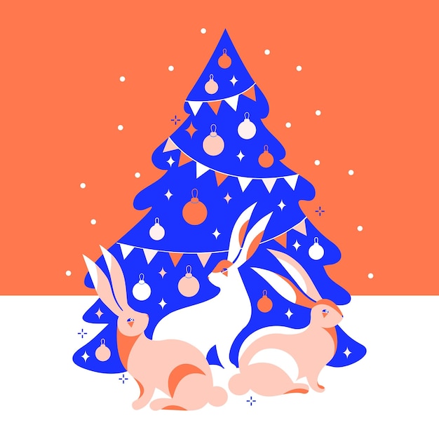 Vecteur joyeux noël et bonne année carte carrée ou bannière 2023 groupe de lièvres ou lapin assis sous l'arbre de noël symbole du zodiaque chinois lapin illustration vectorielle dans un style pop tendance lumineux