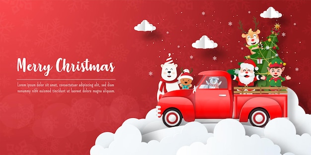 Joyeux Noël Et Bonne Année, Carte Postale De Bannière De Noël Du Père Noël Et Amis Avec Voiture Rouge