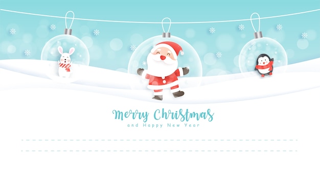 Joyeux Noël Et Bonne Année Carte Postale Avec Mignon Père Noël Et Ami Dans La Forêt De Neige.