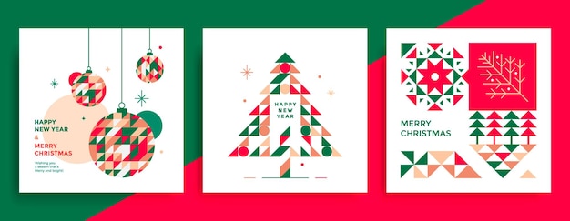 Joyeux Noël et bonne année carte de voeux Arbre de Noël et boules avec un triangle de motif