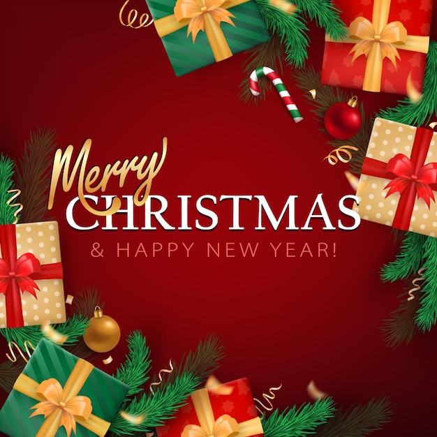 Joyeux Noël et Bonne Année carte de vœux rouge avec décorations festives et boîtes cadeaux de Noël