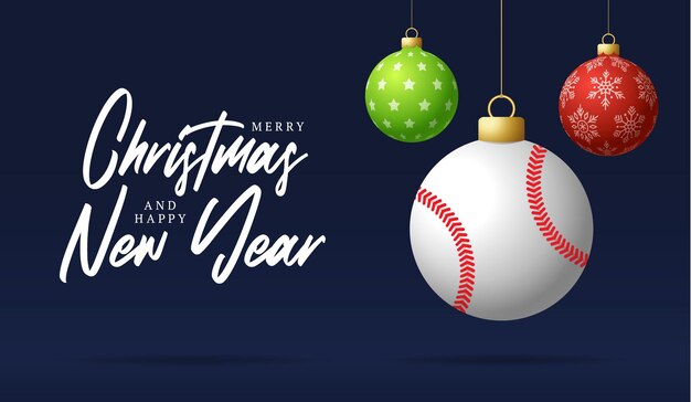 Joyeux Noël Et Bonne Année Carte De Voeux De Sport De Luxe. Balle De Baseball Comme Boule De Noël Sur Fond. Illustration Vectorielle.