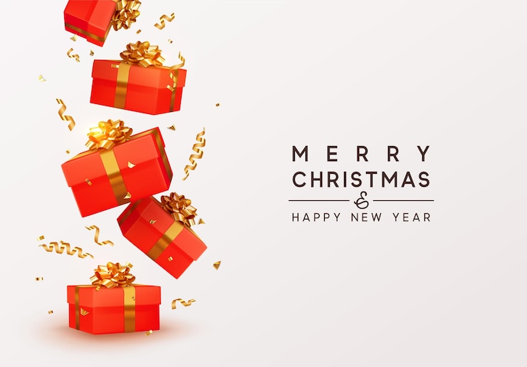 Vecteur joyeux noel et bonne année. coffrets cadeaux rouges réalistes. chute de confettis dorés brillants isolés sur fond blanc. guirlande festive lumineuse de couleur or. cadeau de noël présent. illustration vectorielle