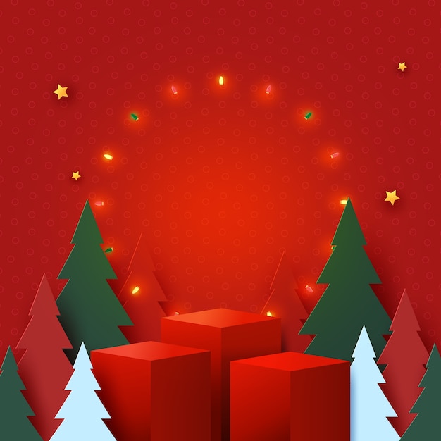 Joyeux Noël Et Bonne Année Concept Podium Rouge Décoré De Lumière D'arbre De Noël Et D'étoiles Sur Fond Rouge Art Du Papier