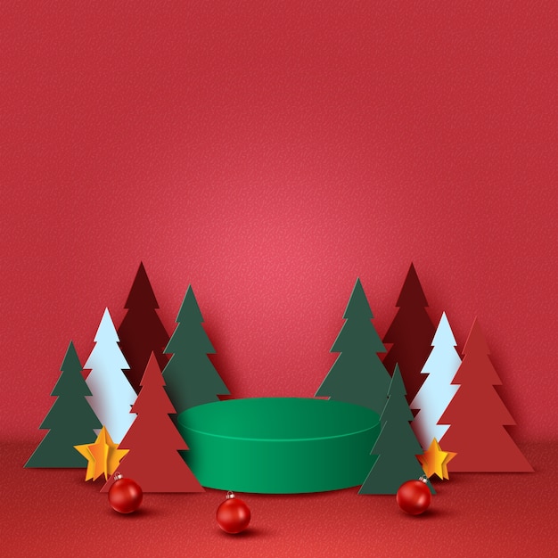 Joyeux Noël Et Bonne Année Concept Podium Vert Décoré De Sapin De Noël Boule De Noël Et étoiles Sur Fond Rouge Art Du Papier