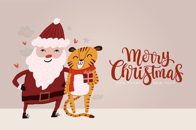 Vecteur joyeux noël et bonne année conception de carte de voeux avec santa clause et mignon personnage de tigre