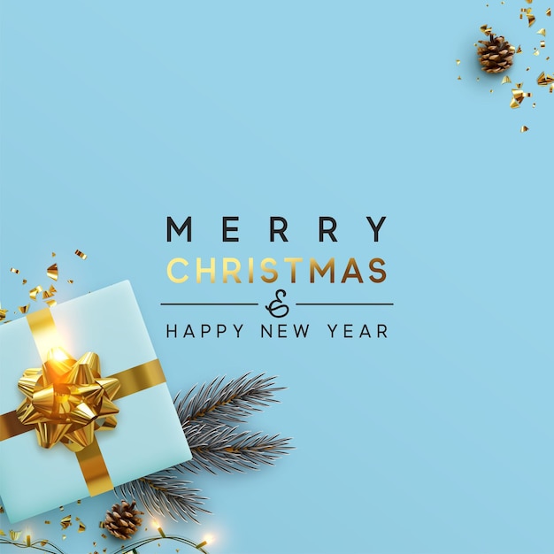 Joyeux Noel et bonne année. Conception de fond de Noël de cône de pin brun, avec une boîte de cadeaux réaliste, une branche de pin et des confettis dorés scintillants. Affiche de Noël, carte de voeux. illustration vectorielle