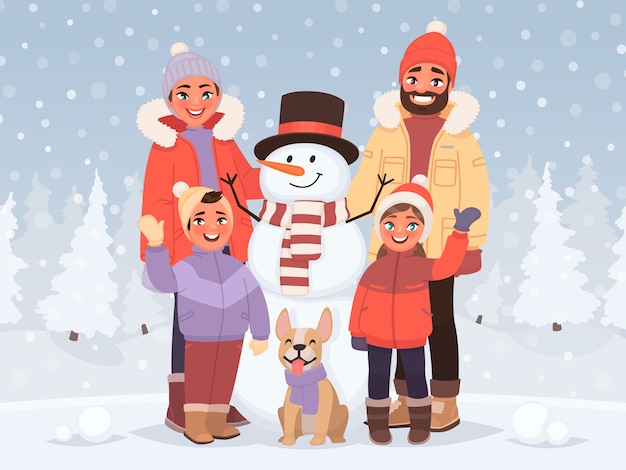 Joyeux Noel Et Bonne Année. Une Famille Dans Le Paysage D'hiver Se