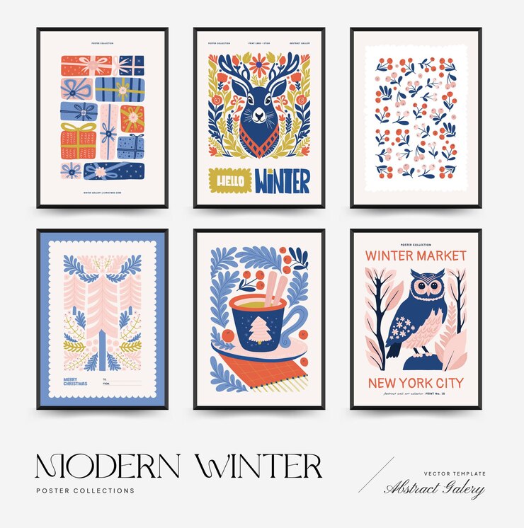Vecteur joyeux noël et bonne année flyer vertical ou modèle d'affiche moderne à la mode matisse minimal