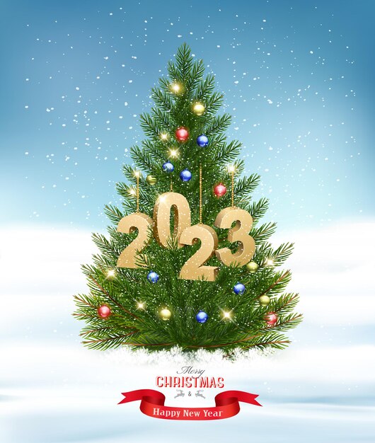 Vecteur joyeux noël et bonne année fond avec arbre de noël et boules colorées et lettres d'or 2023