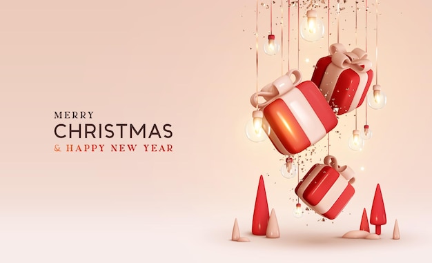 Joyeux Noël et bonne année fond. Conception de Noël 3D réaliste, coffrets cadeaux tombants et confettis dorés suspendus à des boules de verre en ruban, guirlande lumineuse de décoration pour arbre de Noël. Illustration vectorielle