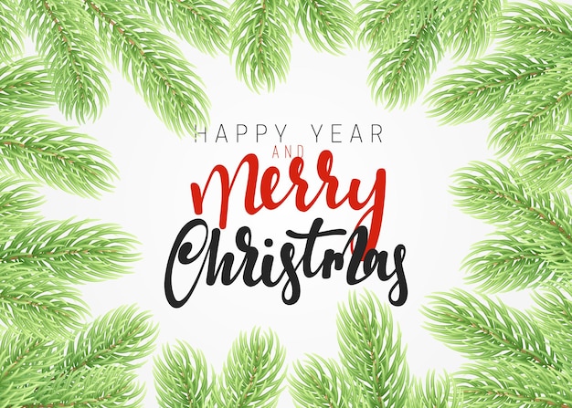 Joyeux Noel et bonne année. Fond festif avec des branches de conifères vertes d'un sapin de Noël et d'un pin. bordure de branches d'arbres de Noël verts. illustration vectorielle