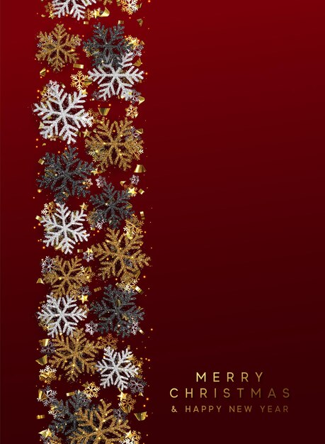 Joyeux Noel Et Bonne Année. Fond De Noël Avec Des Flocons De Neige Or Brillant. Carte De Voeux, Bannière De Vacances, Affiche Web.