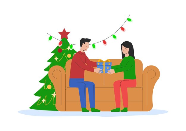 Joyeux Noël Et Bonne Année Garçon Préparer Surprise Pour Petite Amie