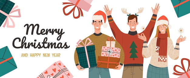Joyeux Noel Et Bonne Année. Les Gens En Vêtements D'hiver Profitent Des Vacances. Salutations De Noël Sur Fond De Cadeaux.