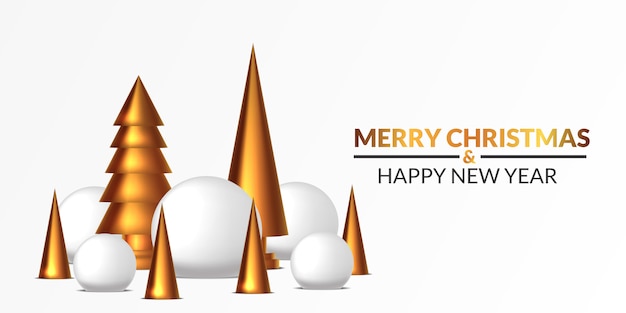 Joyeux Noël et bonne année modèle de bannière affiche. Boule de neige 3D et illustration de sculpture de pin doré avec fond blanc.