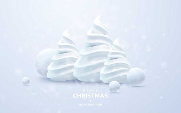 Vecteur joyeux noël et bonne année vector illustration 3d de vacances sapins de noël minimalistes blancs