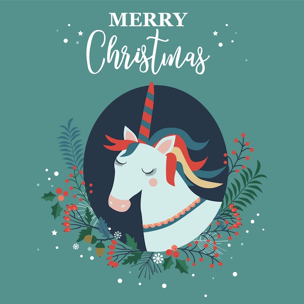 Vecteur joyeux noël carte avec licorne.