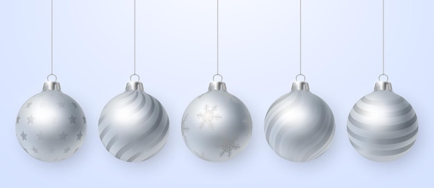 Joyeux Noël Composition 3d Réaliste Luxe Argent Décoration Babioles Boule Ornements Ensemble