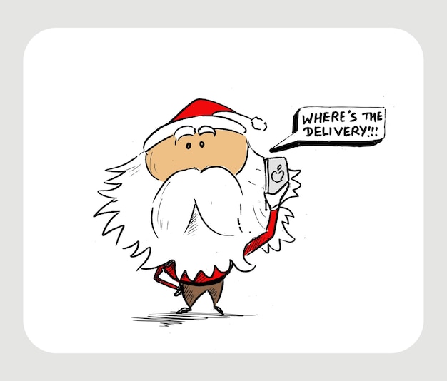 Joyeux Noël! Dessin fragmentaire à la main d'un drôle de père Noël tenant un sac-cadeau, illustration vectorielle