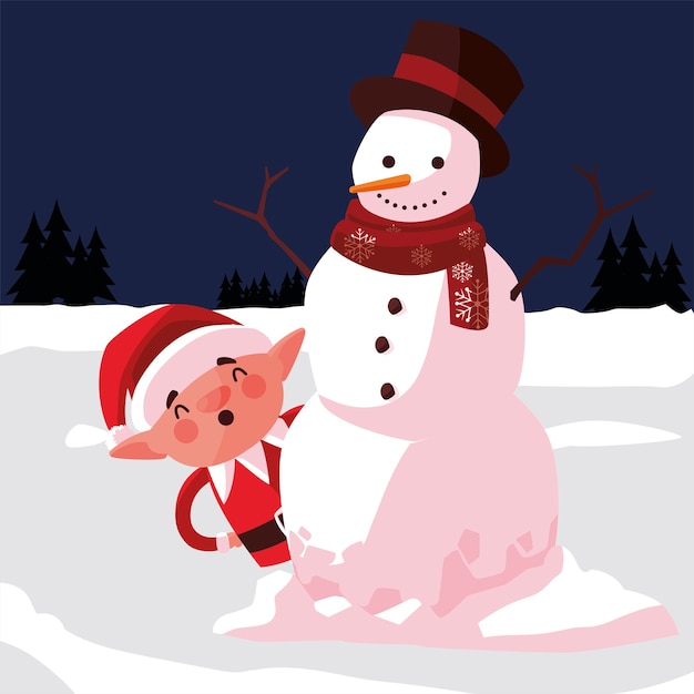 Joyeux Noël elfe et bonhomme de neige dans l'illustration de la scène de neige