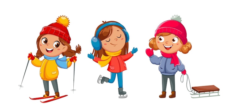 Vecteur joyeux noël. fille avec traîneau, avec ski et avec patins. personnages de dessins animés de filles mignonnes, sports d'hiver. bonjour concept d'hiver. illustration vectorielle stock sur fond blanc