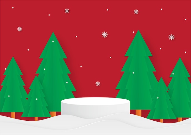 joyeux noël géométrie forme podium avec arbre de noël papier découpé carte fond rouge produit stand présentation avec un style minimal