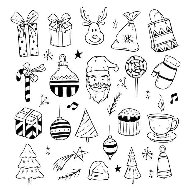 Vecteur joyeux noël icônes mignonnes avec style doodle noir et blanc