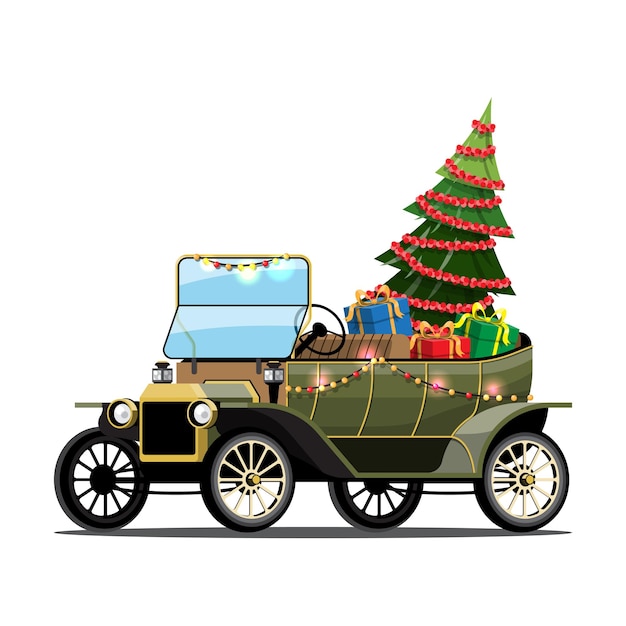 Joyeux Noël Illustration Vectorielle Camionnette Rétro Style Vintage Avec Arbre De Noël